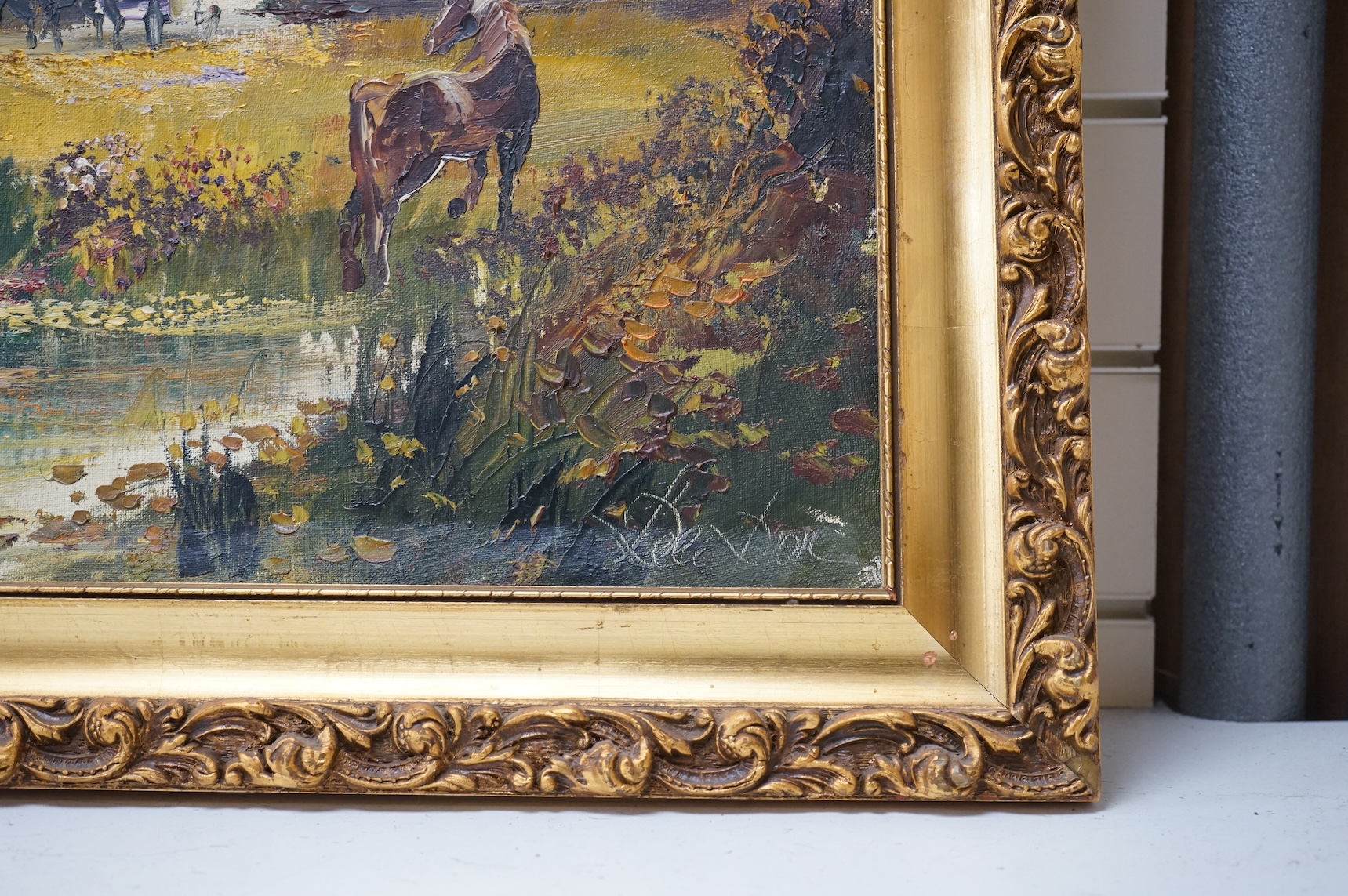 1970's, oil on canvas, Surreal scene with stream and horses before cottage, indistinctly signed, 59 x 90cm, ornate gilt frame